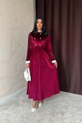 Bordo Yakası Taşlı Garnili Kadife Elbise