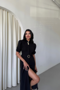 YAKA DÜĞME DETAYLI ELBİSE - Siyah