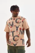 Unisex Baskılı Oversize T-Shirt - Bej