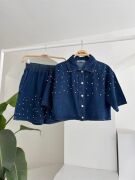 Taş Detaylı Gömlek Şort Denim Takım 10175