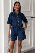 Taş Detaylı Gömlek Şort Denim Takım 10175
