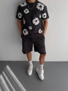 Ön Ve Arka Baskılı Oversize Bisiklet Yaka T-shirt- Siyah