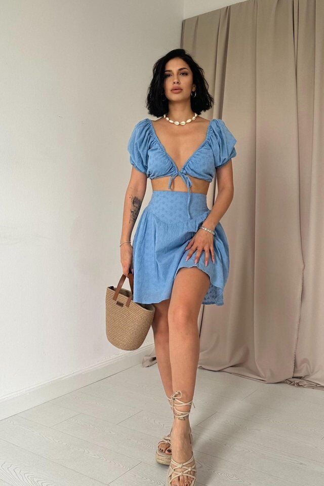 Mavi Brode Crop Ve Mini Etek Takım