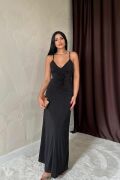 Siyah Büzgülü Uzun Güllü Elbise
