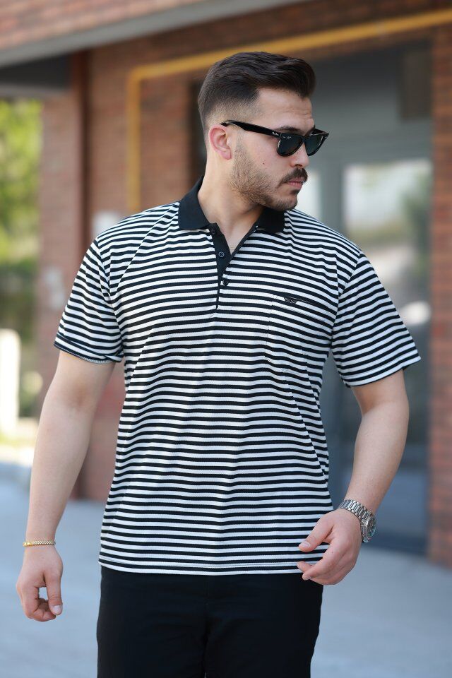 Erkek Yakalı çizgili Kısa Kollu T-shirt