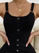 Kadın Kolsuz Askı Halka Detay önü Düğmeli Midi Boy Yırtmaçlı Fitilli Kaşkorse Elbise