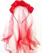 Kırmızı Renk Güllü Duvaklı Halloween Taçı