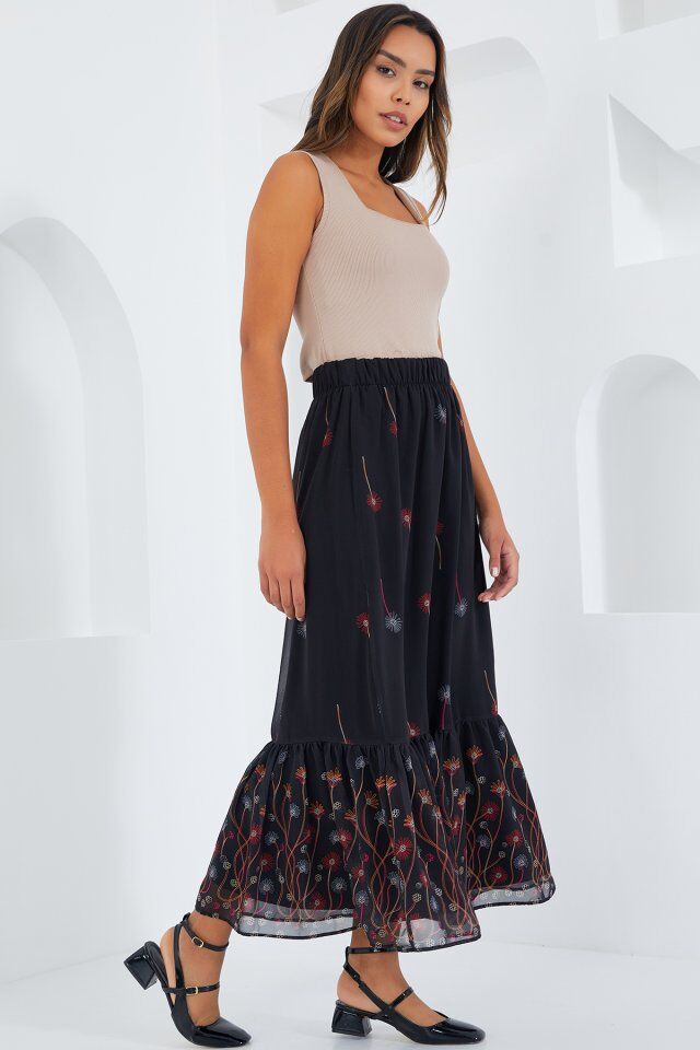 Siyah Turuncu Desenli Şifon Etek 8010