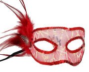Kırmızı Yandan Tüylü Payetli Parti Maskesi