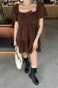 2351 Kloş Poplin Elbise - Kahverengi