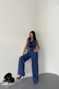 GOFRE BLUZ-PANTOLON TK KURDELE DETAYLI - Mavi