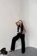 GOFRE BLUZ-PANTOLON TK KURDELE DETAYLI - Siyah