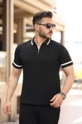 Erkek Yaka Ve Kolları çizgi Detaylı Fermuarlı Kısa Kollu T-shirt
