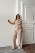 TENCEL MODAL KOLSUZ BLUZ KAPALI CEP DETAYLI DÖKÜMLÜ - PANTOLON TAKIM - Bej