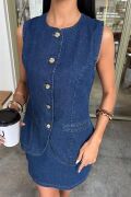Kolsuz Yelekli Mini Etekli Denim Takım 10164