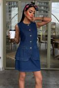 Kolsuz Yelekli Mini Etekli Denim Takım 10164