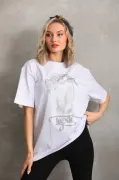 Unisex Taş Desenli Oversize T-Shirt - Beyaz