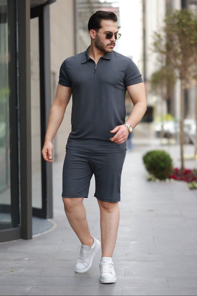 Erkek Yakalı Fermuarlı T-shirt şort Ikili Takım