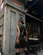 JİLE DERİ ELBİSE ÖNDEN DÜĞMELİ CEP DETAYLI - Siyah