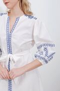 2479 Desenli Keten Elbise - Beyaz