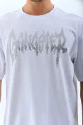 Unisex Oversize Taşlı Bisiklet Yaka T-Shirt - Beyaz
