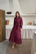 Bordo Çizgi Desenli Uzun Elbise