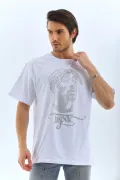 Unisex Oversize Taşlı Bisiklet Yaka T-Shirt - Beyaz