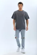 Unisex Oversize Taşlı Bisiklet Yaka T-Shirt - Füme