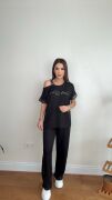 Kadın Kristal Kumaş Omuz Dekolteli Siyah Takım