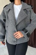 Gri Çizgili Deri Garnili Ceket