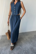 TENCEL YELEK - YIRTMAÇLI ETEK TAKIM - İndigo