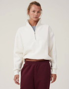 Oversize Yarım Farmuarlı Yakalı Basic SweatShirt - Beyaz