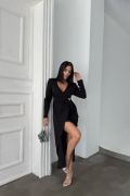 KRUVAZE BROŞ DETAYLI ELBİSE - Siyah