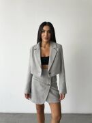 KAŞE CROP CEKET - DÜĞME DETAYLI KISA ETEK TAKIM - Gri