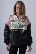 Motorcu Biker Ceket - Siyah-Pembe-Ekru