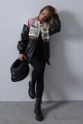 Motorcu Biker Ceket - Siyah-Pembe-Ekru