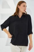 Siyah Gömlek Yaka Saten Bluz 0493