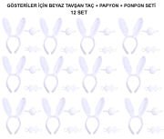 Beyaz Tavşan Kostüm Seti – Taç, Papyon, Kuyruk (12’li Paket)