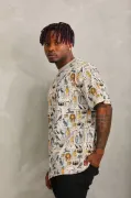Unisex Oversize Baskılı Bisiklet Yaka T-Shirt - Gri