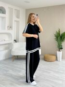 Kadın Kısa Kollu Bisiklet Yaka çift Renk şerit Detaylı Viskon Iki Iplik Bluz Ve Pantolon Ikili Takım