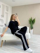 Kadın Kısa Kollu Bisiklet Yaka çift Renk şerit Detaylı Viskon Iki Iplik Bluz Ve Pantolon Ikili Takım