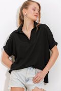 Siyah Oversize Polo Yaka Örme Bluz 0486