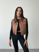 DERİ CROP YELEK - Kahverengi