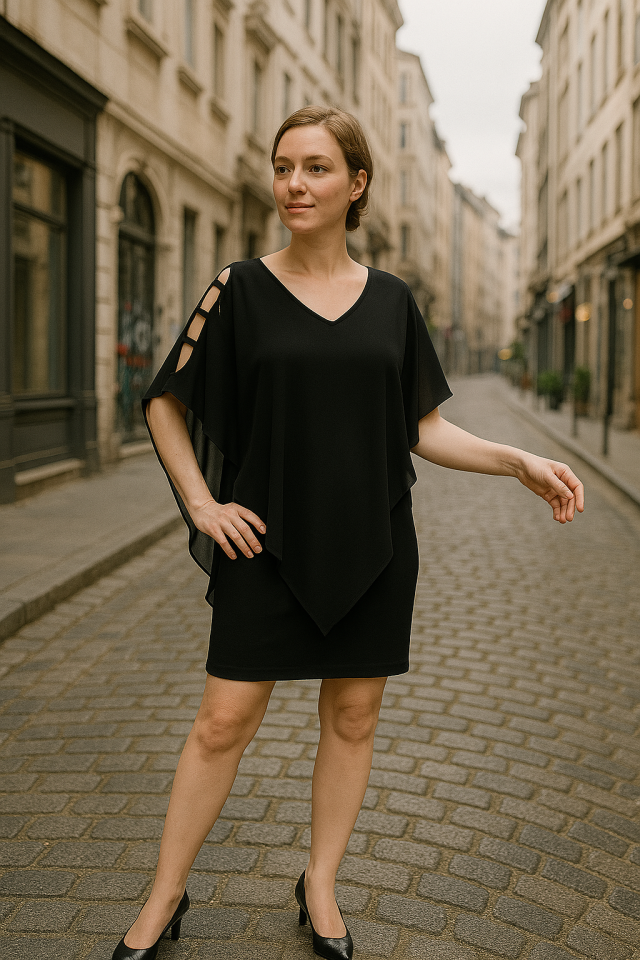 Kadın V Yaka Kolu Bağcık Detaylı Şifonlu Fırsat Ürün Diz Üstü Elbise