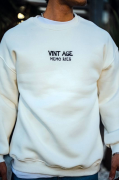Oversize Bisiklet Yaka Üç İplik Baskılı SweatShirt - Beyaz
