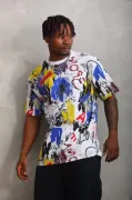 Unisex Oversize Baskılı Bisiklet Yaka T-Shirt - Beyaz