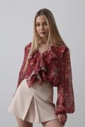 Volanlı Çiçek Desen Şifon Gömlek - Bordo