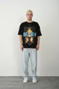 Unisex Baskılı Bisiklet Yaka Oversize T-Shirt - Siyah