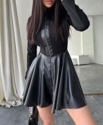 Kadın Uzun Kollu Scuba Dalgıc Kumaş Deri Ve Fermuar Detaylı Fırsat ürün Elbise