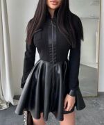 Kadın Uzun Kollu Scuba Dalgıc Kumaş Deri Ve Fermuar Detaylı Fırsat ürün Elbise